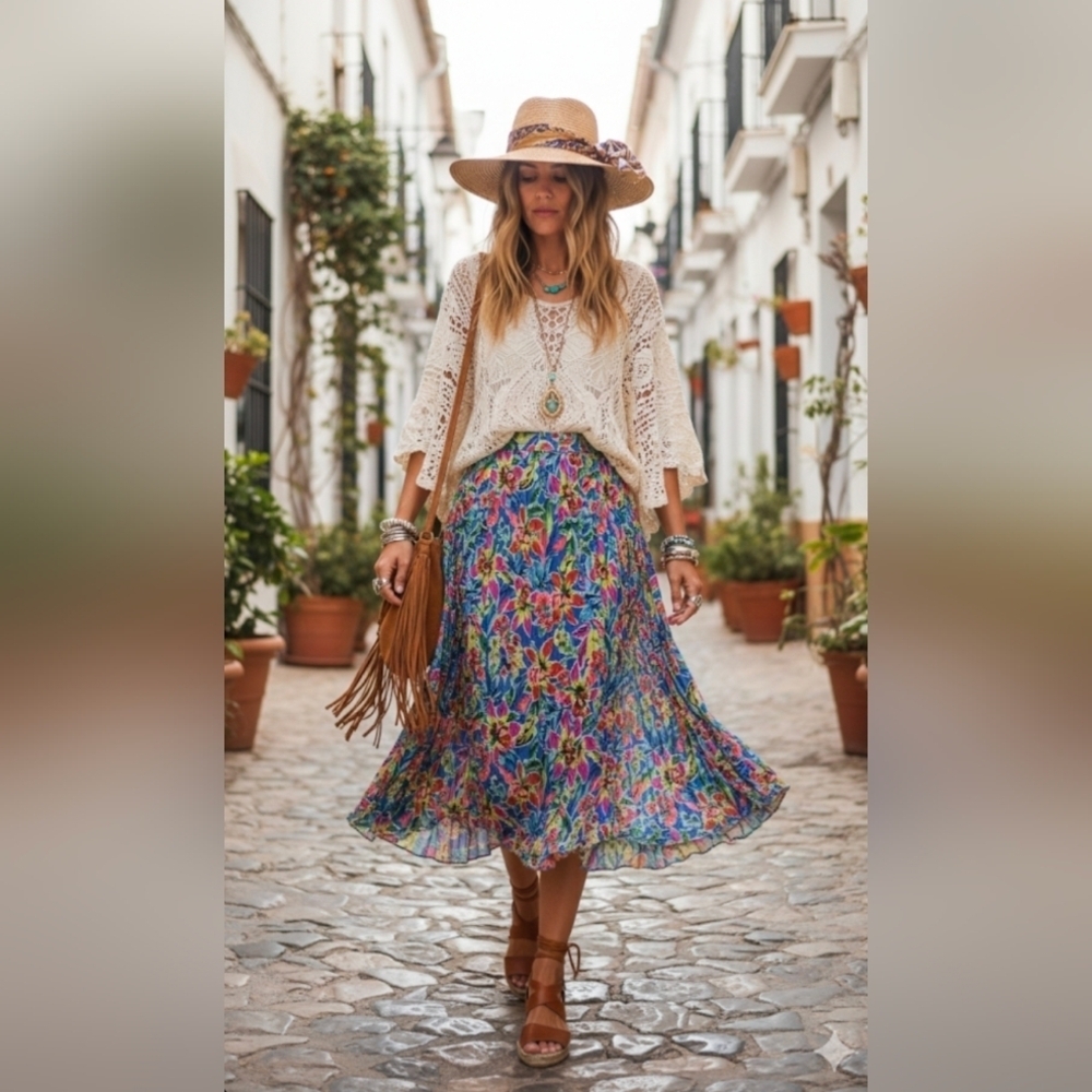 Violet Sky Summer Blue and Yellow Maxi A-Line Skirt Resort Wear